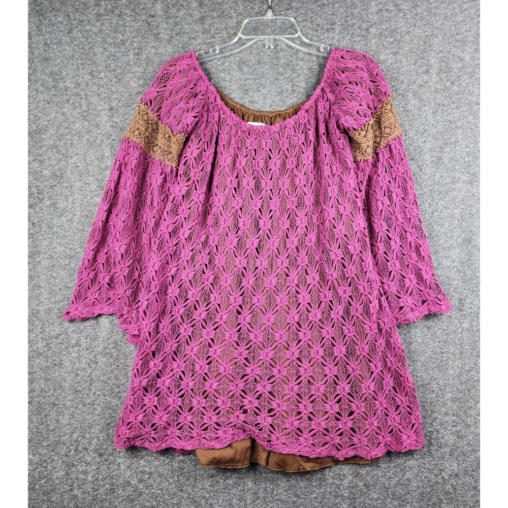 Judith March Crochet Tunic Women Large Pink Brown Boho Lace Lined 819D-8